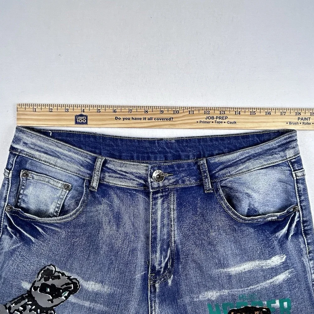 Men's Baggy Graphic Jeans 36 Teddy Bear Graffiti‎ Y2K Streetwear Wide Leg Skater
